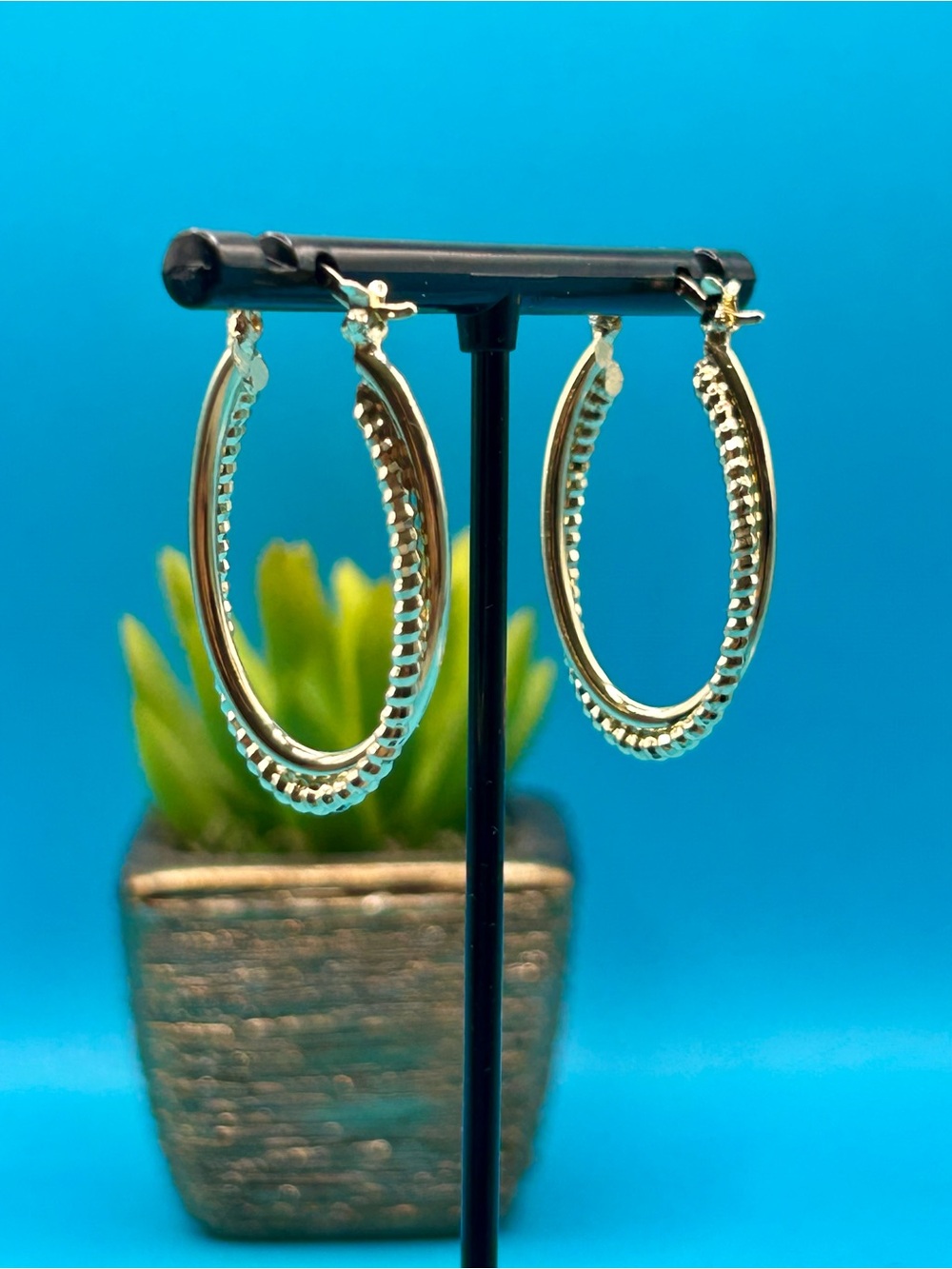 Gold Plated Textured Double Hoop Earrings - Women Jewelry